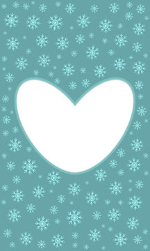 Winter snowflakes frame with heart-shaped copy space. Scrapbook, greeting card, background, card, template for wintertime. Vector, isolated on transparent background.