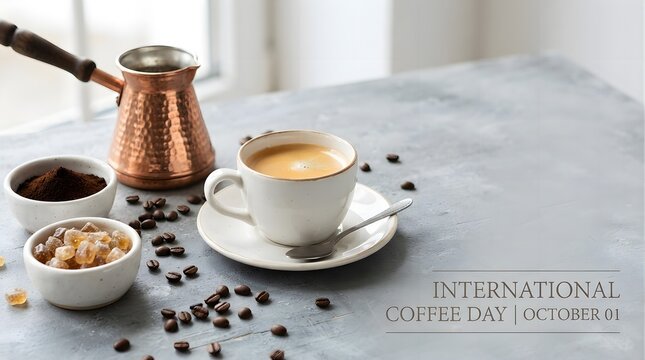Cup of coffee with a copper coffee pot, a bowl of coffee grounds and sugar cubes on a grey textured table, international coffee day concept