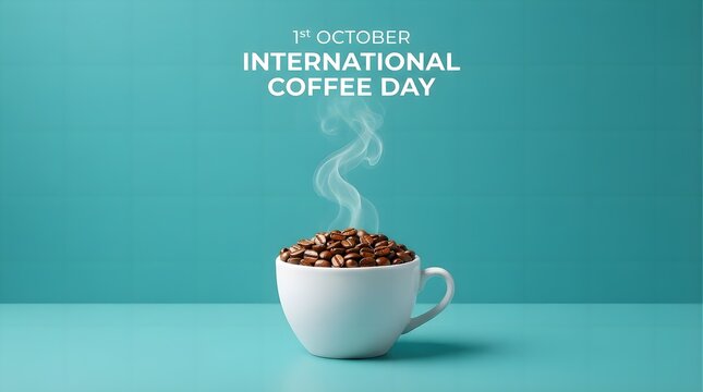 International coffee day celebration with a white cup filled with roasted coffee beans and rising steam against a solid teal background