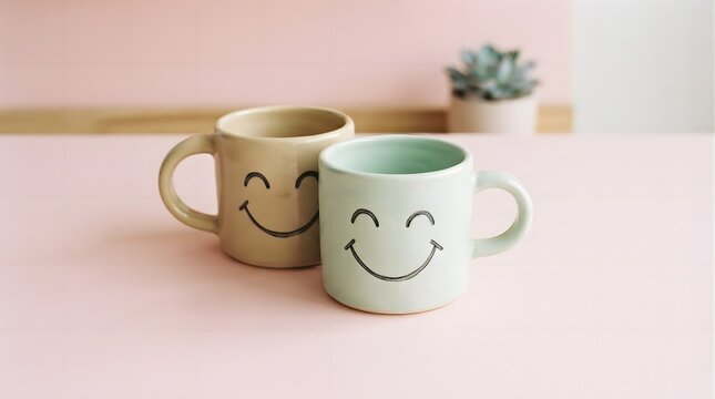 Two ceramic mugs with happy smiley faces in pastel colors of beige and light green sitting on a pink surface with a small succulent plant in the background