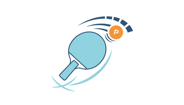 Table tennis racket hitting a spinning orange ping pong ball with dynamic movement lines vector illustration.