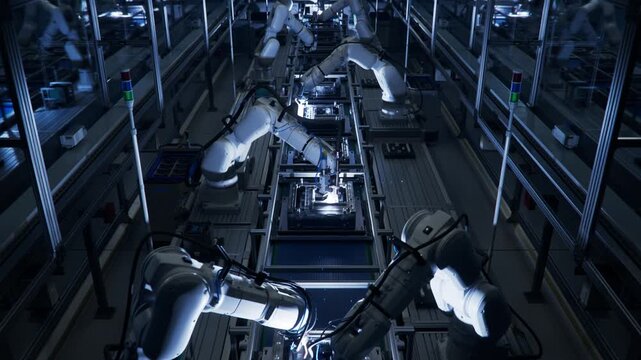 3D Animation: Welding and Manufacturing Automation. Automated Production Line with Robotic Arms on Dark Factory. Lights out Assembly Line with Autonomous Industrial Robot Arms.