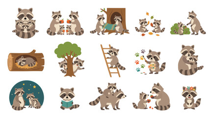 Obraz premium Cute Raccoon Family Illustrations in Flat Art Style