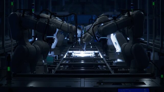 3D Animation: Automated Production Line with Robotic Arms on Dark Factory. Welding and Manufacturing Automation. Lights out Assembly Line with Autonomous Industrial Robot Arms.