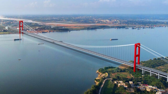Yangtze River Double-Deck Suspension Bridge Aerial Panorama