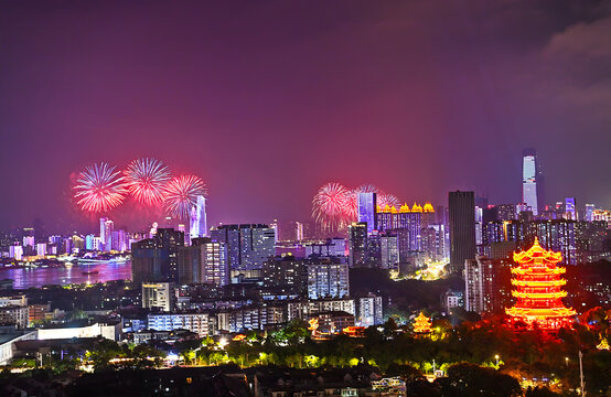 Fireworks Over Yangtze River and Yellow Crane Tower, Wuhan Night