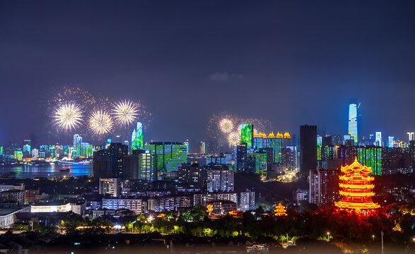 Wuhan Fireworks and Yellow Crane Tower on Yangtze River at Night