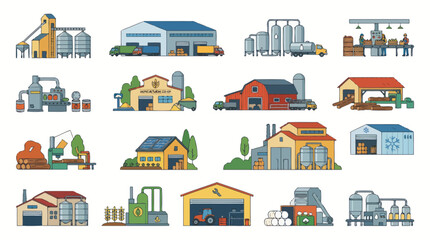 Fototapeta premium Flat Style Agricultural Factories and Farm Buildings Icons Set