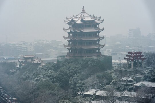 Yellow Crane Tower Wuhan Winter Snow Ancient Architecture