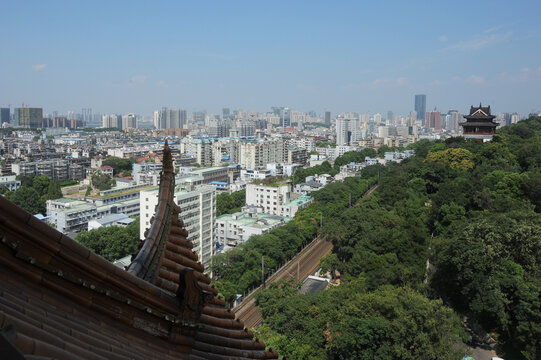 Wuchang Cityscape from Historic Temple Roof Overlooking River and Urban Development