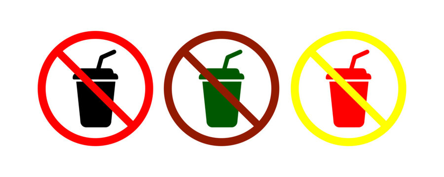 Set of three no drink allowed signs with colorful cups and straws on a white background