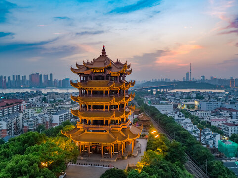 Wuhan Yellow Crane Tower at Sunset - Ancient and Modern Blend Panorama