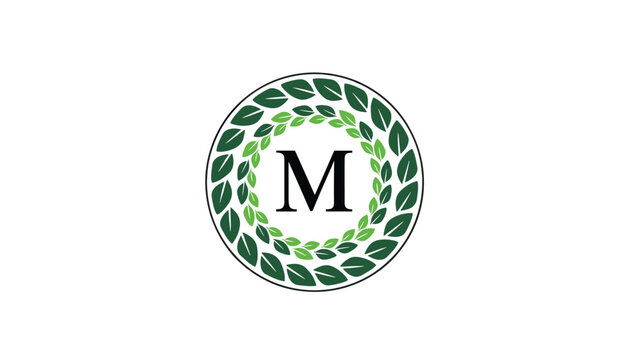 Classy circular monogram with letter m inside double rings of fresh green leaves on white background.