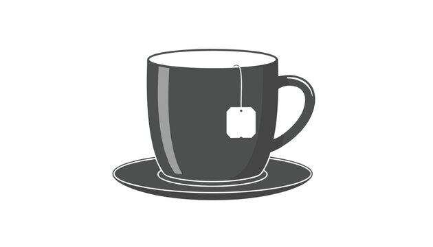 Simple dark grey teacup with a white tea bag label hanging out, resting on a matching saucer cup coaster.