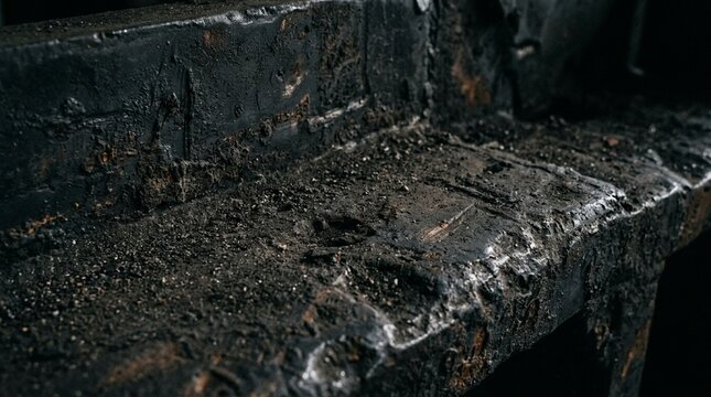 Close-up texture of charred, burnt wood surface with ash and debris