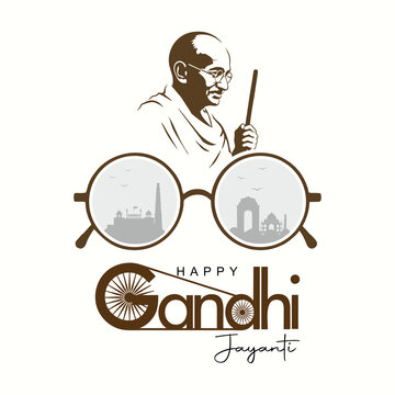 Happy Gandhi Jayanti 2026 Concept Design Featuring Vector Illustration of Mahatma Gandhi, Iconic Round Spectacles Reflecting Indian Monuments, and Ashoka Chakra Typography on Clean White Background.