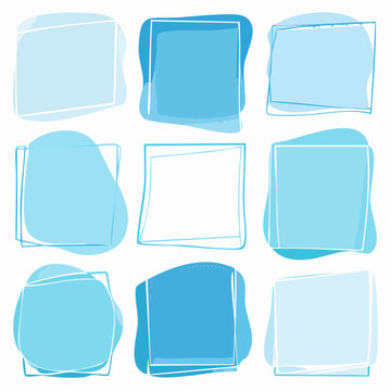 Set of hand drawn blue rectangles and oval frames with rough sketch borders