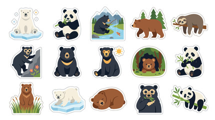 Fototapeta premium Cute Cartoon Bears Flat Vector Sticker Set. Collection of Diverse Bear Species: Polar, Panda, Brown, Sun, and Sloth Bears.