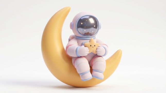 3D Illustration - Cute astronaut sitting on moon holding star in space