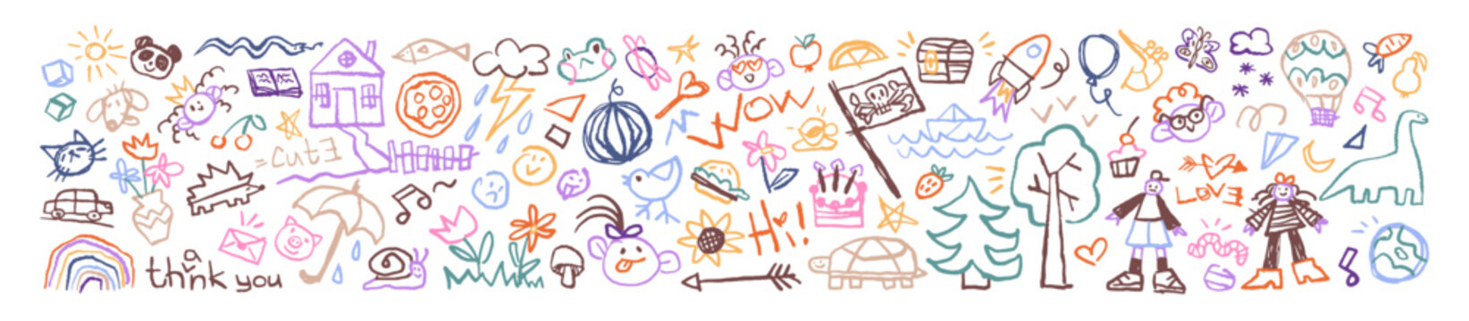 Background with kids crayon doodles. Doodle icons with school elements, rainbows and houses. Child hand drawn hearts, arrows and flowers. Chalk and pastel children scribbles. Messy child outline icons