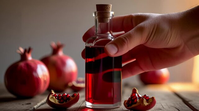 Mockup glass bottle skincare Cosmetic background natural pomegranate fruit superfood AI Generative