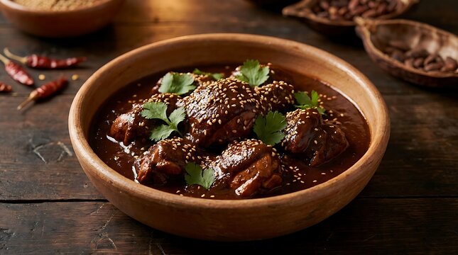 A bowl of delicious spicy beef curry with sesame seeds and fresh green herbs on a dark wooden table. chicken mole recipe