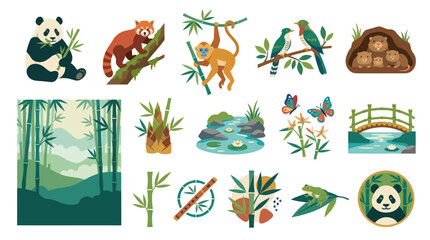 Obraz premium Asian Bamboo Forest Wildlife Flora Flat Vector Icons Set: Panda, Red Panda, Monkey, Birds, Bamboo.