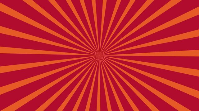Vintage orange sunburst rays rotate continuously in a seamless loop, spreading from the center across a vivid red background for a retro style effect.