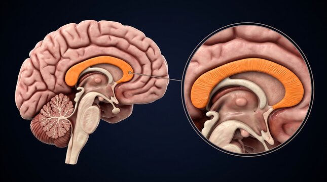Detailed anatomical illustration of the human brain with a highlighted internal structure, showing a sagittal view and a magnified section.