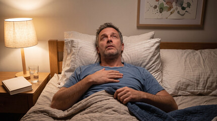 Fototapeta premium Man lying in bed with hand on chest feeling unwell