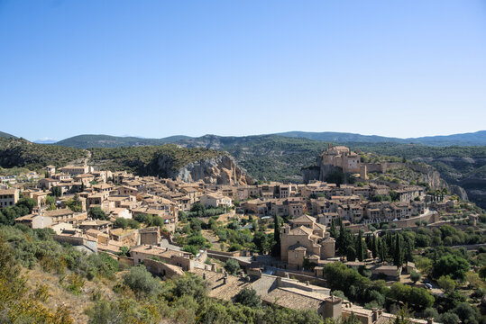 Wide view of the medieval village of Alquezar in Somontano Aragon Spain