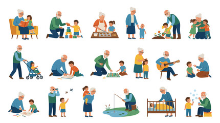 Fototapeta premium Happy Grandparents and Grandchildren Enjoying Various Intergenerational Activities - Flat Vector Illustration