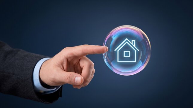 Real estate bubble concept, businessman finger touching soap bubble with house icon, housing market risk and financial crisis