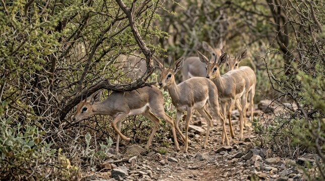 Dik-dik Antelope Herd in Natural Habitat: A small herd of dik-dik antelopes navigate a dry, bushy terrain, showcasing their delicate features and survival instincts in their natural environment.