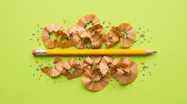 Yellow pencil with wooden shavings on green background. Creative education concept with sharp pencil and wood curls. Minimalist school supplies.