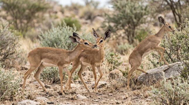 Dikh-dikh Deer in Arid Landscape: A small herd of dikh-dikh deer navigates a dry, dusty terrain, showcasing their alertness and agility as they forage amongst sparse vegetation under the harsh sun.