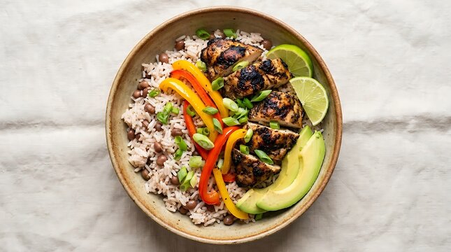 A delicious bowl of healthy chicken fajita rice with fresh avocado and colorful peppers top view. Jamaican rice bowl