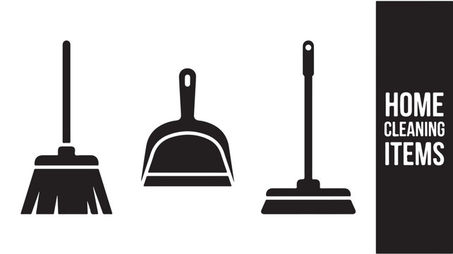Home cleaning items vector set with broom, dustpan and floor mop symbols