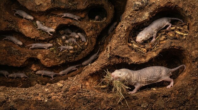 Mole Rat Colony in Underground Burrow: A fascinating cross-section reveals a subterranean world, showcasing a colony of mole rats busily navigating their intricate burrow system.