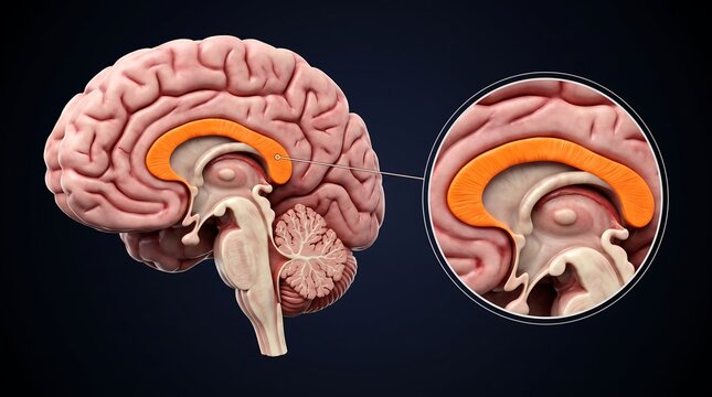 Detailed anatomical illustration of the human brain highlighting a key internal structure in sagittal view.