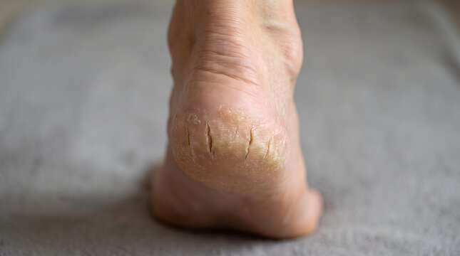 close up the scars of hard-working, deeply cracked heels