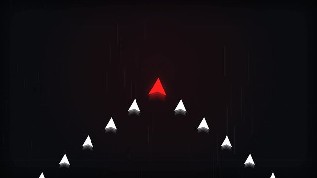 Glowing red arrow leading white digital pointers on a dark reflective grid, suitable for leadership concepts, business presentations and corporate videos