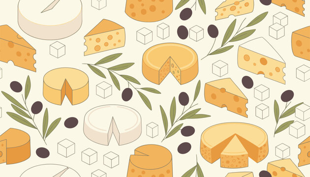 Seamless food pattern featuring different types of delicious cheese slices, olives, and green branches on beige.