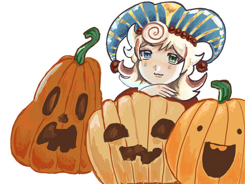 Digital anime-style illustration featuring a light-haired character with a unique headdress, posing next to carved Halloween Jack-o'-lantern pumpkins
