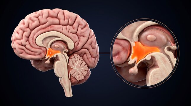 Detailed anatomical illustration of the human brain in sagittal view, highlighting the hypothalamus and surrounding structures in an enlarged inset.