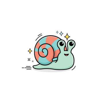 Cute cartoon snail with a colorful spiral shell in pink and blue tones moving with sparkling star on a plain white background for