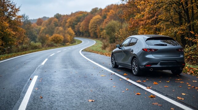 A dark grey modern hatchback car parked on the shoulder of a winding asphalt road in autumn forest