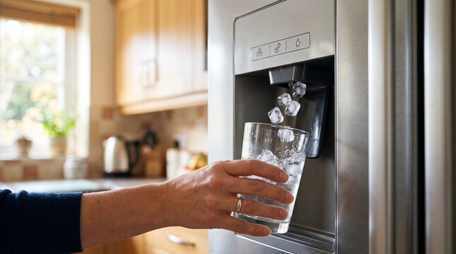 Hand filling a glass with ice cubes from a refrigerator ice dispenser.