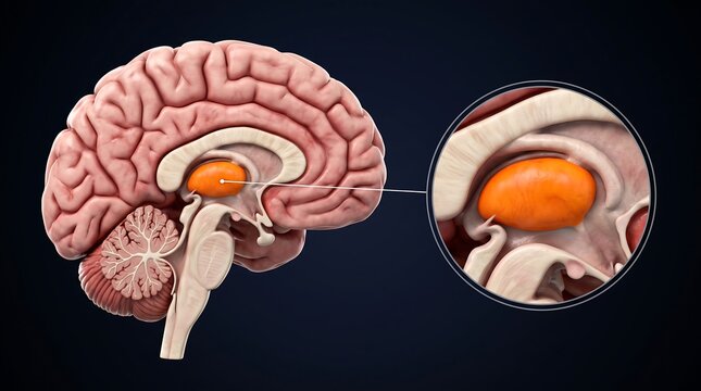 Sagittal view of the human brain with the thalamus highlighted in orange and a magnified inset showing its detailed anatomical structure.
