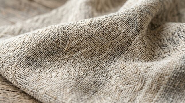 Textured Linen Fabric Close-up with Rustic Wooden Background